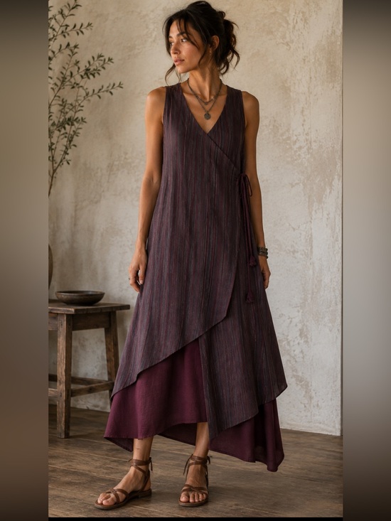 Dresses & Skirts - Boho Double Layered Burgundy Striped Wrap Dress, Lightweight Material, Size M